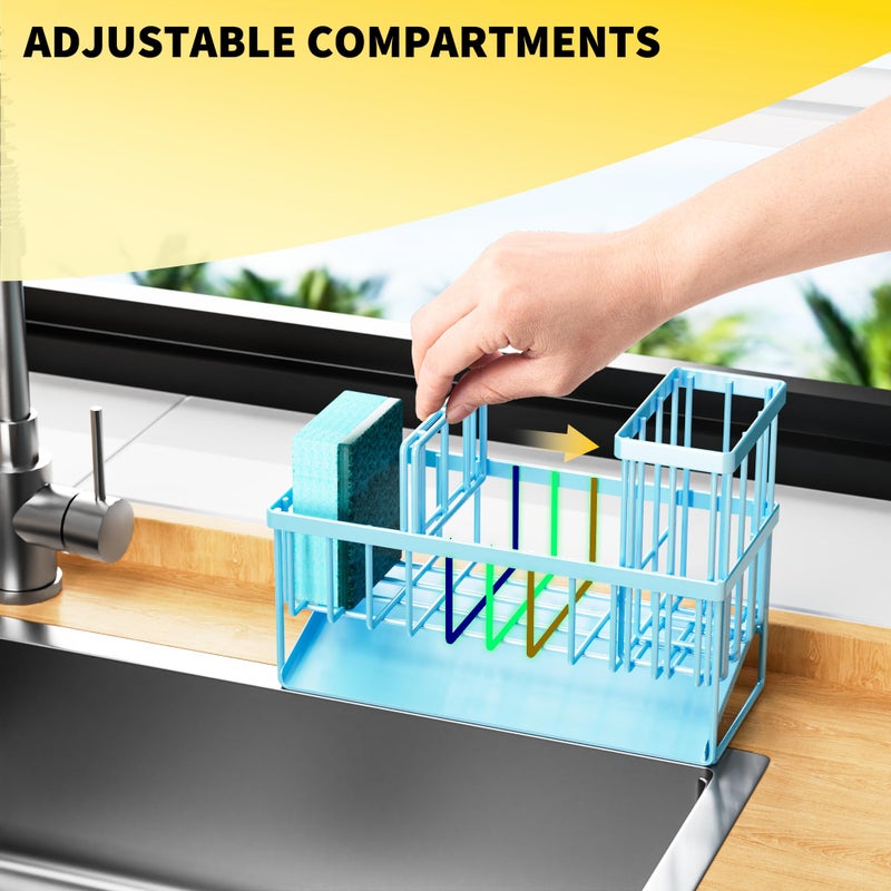 Cisily Blue Kitchen Sink Caddy Organzier with High Brush Holder, Sponge Holder for Sink, 304 Rustproof Stainless, Kitchen Countertop Soap Dispenser Organizer, Blue Home Decor and Accessories - Image 4